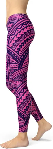 Vista 6 de Maori Tatuaje Leggings Tribal Polinesio Ta Moko Estampado Mediados Cintura Púrpura Pantalones
