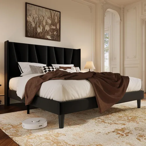 Vista 19 de HOOMIC Base de cama tapizada de tamaño matrimonial con cabecera geométrica moderna con respaldo de ala, listones de madera, no necesita somier, base