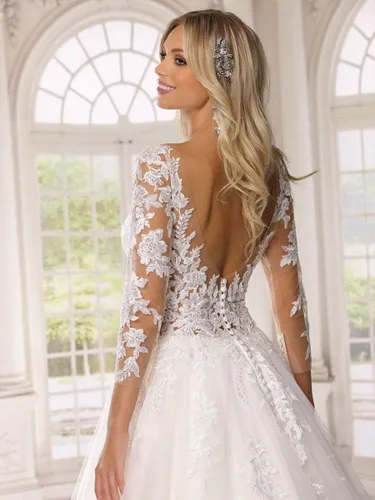 Vista 4 de DFDG Vestido de novia de tul con apliques para mujer vestido de novia de encaje sin espalda