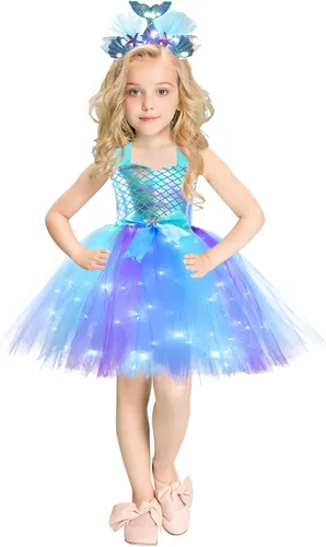 Vista 2 de Girls Mermaid Tutu Dress for Birthday Party LED Light Up Halloween Mermaid Outfit Dress Up Dress with Headband
