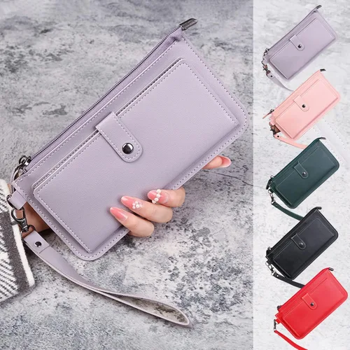 Vista 3 de Billeteras plegables de cuero para mujer, con cierre de cremallera, funda para tarjetas de crédito, cartera delgada para tarjetero de crédito