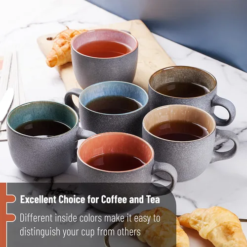 Vista 7 de BTAT - Juego de tazas de café de porcelana, 14 onzas (14.0 fl oz), paquete de 6, tazas de café de cerámica, negro mate exterior y colorido