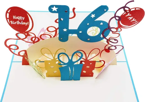 Vista 6 de iGifts And Cards Tarjeta desplegable 3D de cumpleaños de 16 años, regalos coloridos y escena de celebración de globos, divertido saludo