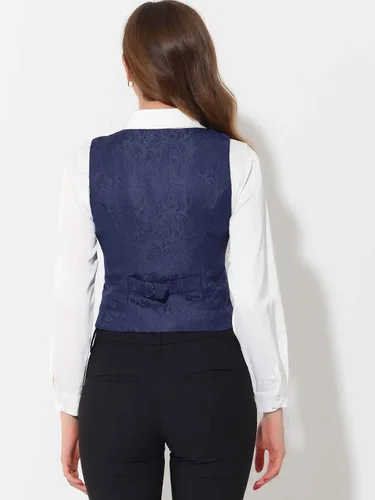Vista 3 de Allegra K Chaleco vintage para mujer con botones y bolsillos