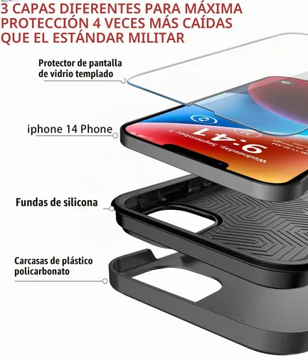 Vista 4 de Diverbox Funda para iPhone 14 [a prueba de golpes] [a prueba de caídas] [protector de pantalla de vidrio templado], funda de protección resistente