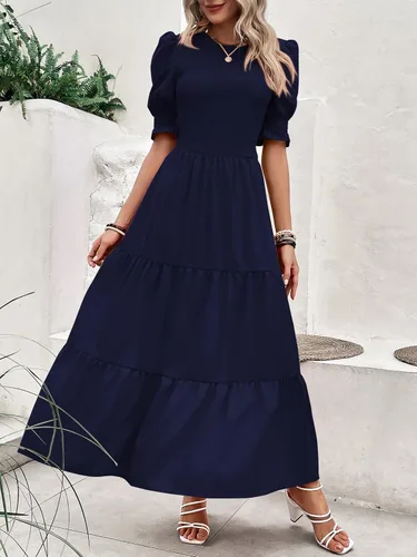 Vista 78 de BTFBM Vestidos para mujer, cuello redondo, casual, de verano, con volantes, manga corta, bohemio, con niveles, fruncido, largo, con estampado floral