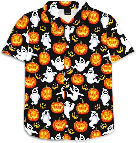 Vista 16 de Remimi Camisa unisex de Halloween para niños, camisetas hawaianas de manga corta con botones feos de 5 a 14 años Christmas Gift