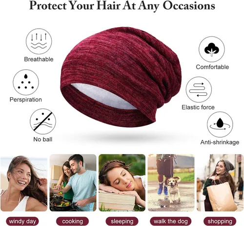Vista 11 de 4 Pieces Satin Lined Beanie Cap Satin Sleep Lined Hat Slouchy Beanie Hat Night Silk Hair Cap for Women Men