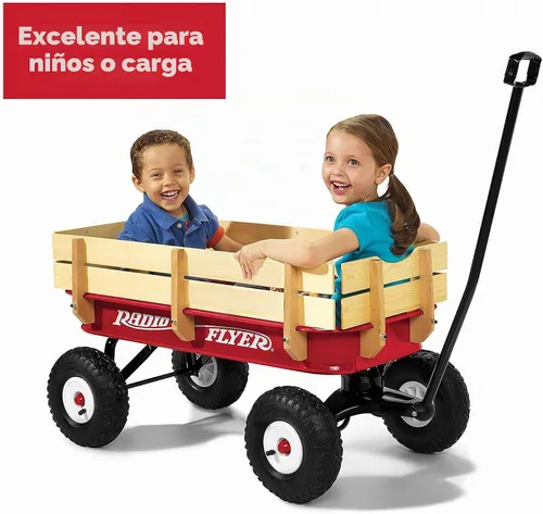 Vista 3 de 32 vagones de acero y madera todo terreno Radio Flyer , Rojo All-Steel Body with Wood Sides, 10” All-Terrain Rubber Tires, Extra-Long Handle Folds