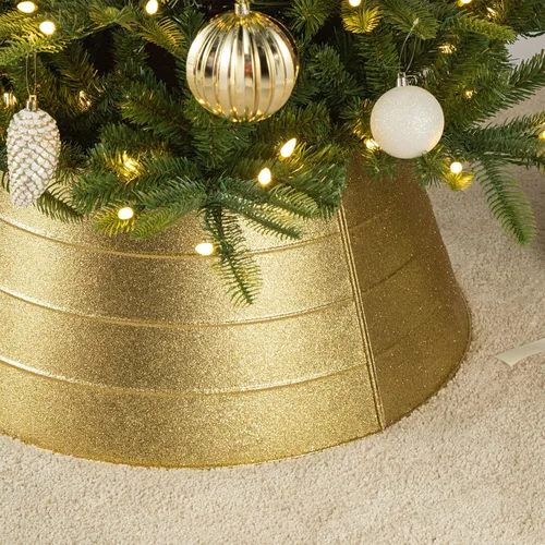 Vista 8 de Glitzhome Collar de árbol de Navidad, 25.75 pulgadas de profundidad, cubierta de base de árbol de metal dorado con purpurina, anillo de árbol
