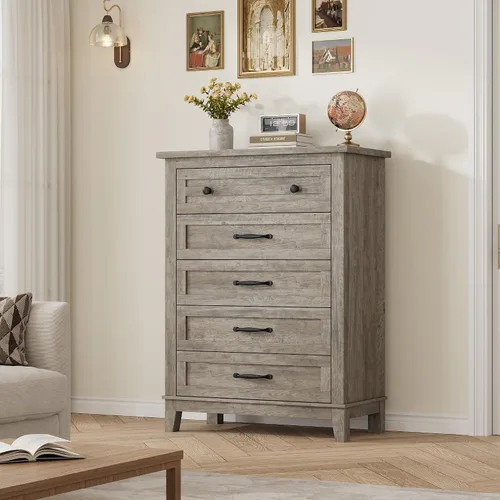 Vista 4 de GarveeHome Cómoda de 5 cajones verticales de 41.3 pulgadas de alto con gran almacenamiento, cómoda de madera independiente para dormitorio, sala