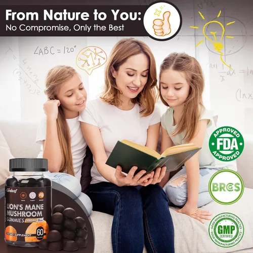 Vista 7 de Lions Mane - Gomitas de hongos para suplemento cerebral nootrópico, apoyo inmunológico, suplemento de hongos para aliviar el estrés, sabor a bayas
