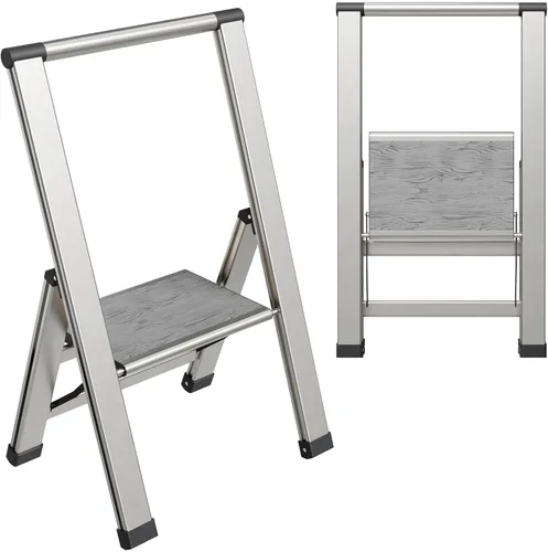 Vista 12 de Escalera de Peldaños de 1 Escalón Plegable, Decorativa - Hermosa Madera Gris y Aluminio Negro, Perfil Ultra Delgado, Peldaños Antideslizantes