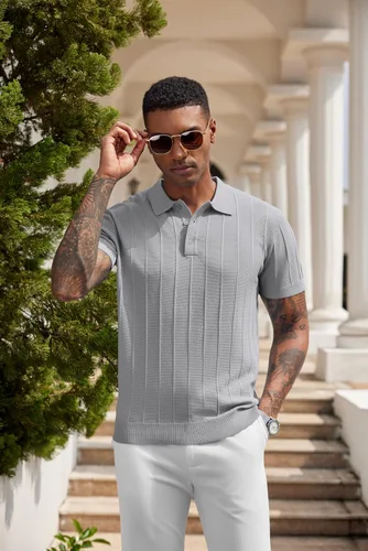 Vista 29 de COOFANDY Camisas polo de punto para hombre de manga corta con textura acanalada Camisas de golf casuales y ligeras con cuello Camiseta de polo