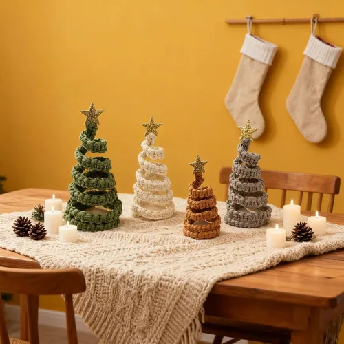 Vista 4 de 4 piezas de decoración de mesa para árbol de Navidad, árboles de Navidad de mesa con estrella con purpurina, centro de mesa de estilo rústico