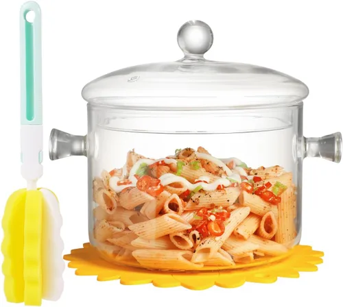 Vista 7 de Olla de Vidrio Transparente para Cocinar con Tapa, Cepillo y Almohadillas Térmicas de Silicona para Estufa - 1.5L (51oz) Olla de Vidrio