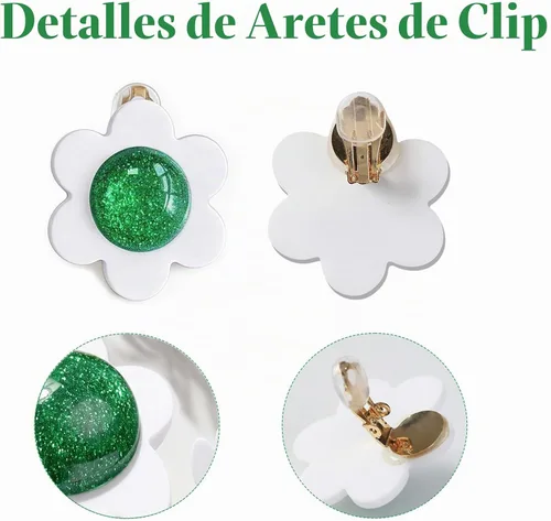 Vista 4 de Pendientes de flores verdes blancas con broche para mujer, disfraz