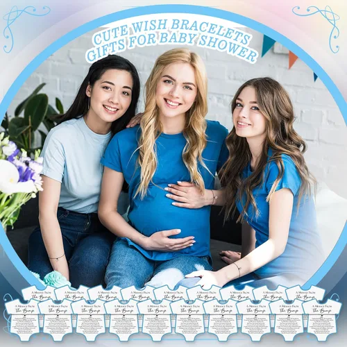 Vista 7 de Henoyso Juego de 25 pulseras de baby shower para invitados, niños y niñas, regalos de fiesta con mensaje ajustable de The Bump Card, pulseras de Azul