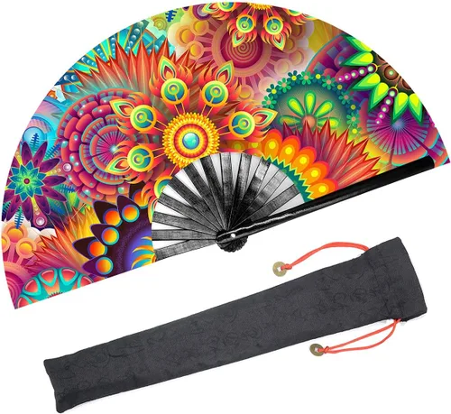 Vista 7 de Ventilador de mano plegable grande para mujeres/hombres, chino/japonés con bambú y tela de nailon, para actuaciones, decoraciones, bailes, fiestas