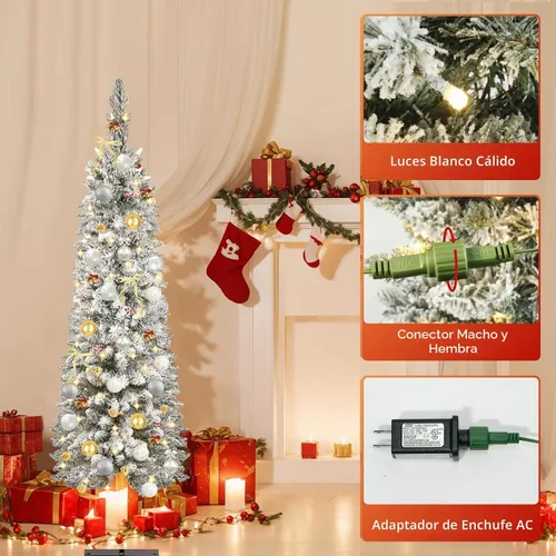 Vista 2 de Árbol de Navidad con nieve artificial, preiluminado con luces cálidas, abeto noble blanco esmerilado, árbol de Navidad artificial delgado