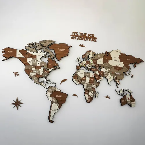 Vista 6 de Colorfull Worlds Mapa del mundo de madera y metal 3D montado, mapa de madera multicapa sobre base de metal, mapa artístico de pared de madera