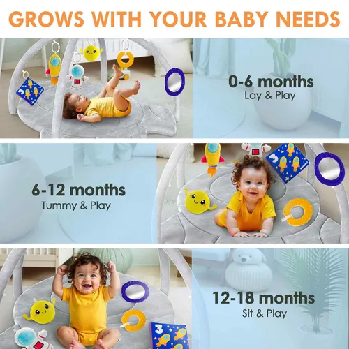 Vista 5 de QUOKKA Baby Play Gym XL - Alfombra de juego para bebé en forma de cohete con 6 juguetes sensoriales grandes, tapete para el desarrollo del bebé