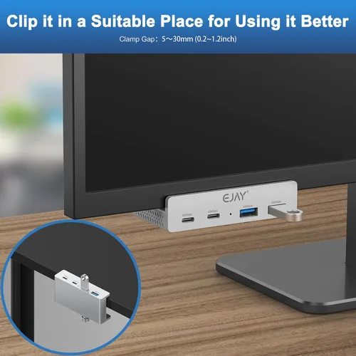 Vista 2 de EJAY 4 puertos 10Gbps USB-C HUB USB3.2 Abrazadera USB HUB Splitter,adaptador USB-C montable con cable de datos y alimentación para iMac 2021