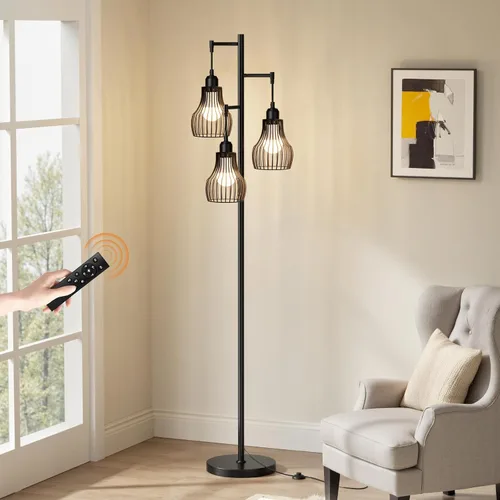 Vista 12 de Ziisee Lámparas de pie regulables para sala de estar, lámparas altas de pie industriales con forma de árbol con 3 elegantes pantallas de jaula