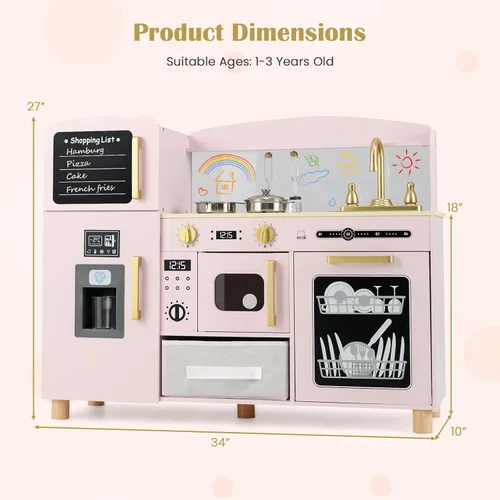Vista 9 de INFANS Juego de cocina para niños, juego de juguetes de cocina de madera para niños pequeños con tablero de dibujo acrílico, máquina de hielo