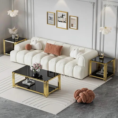 Vista 9 de Mesa de centro de cristal negro de 43 pulgadas, mesa moderna para sala de estar, acero inoxidable dorado, patas de metal, rectangular, de vidrio