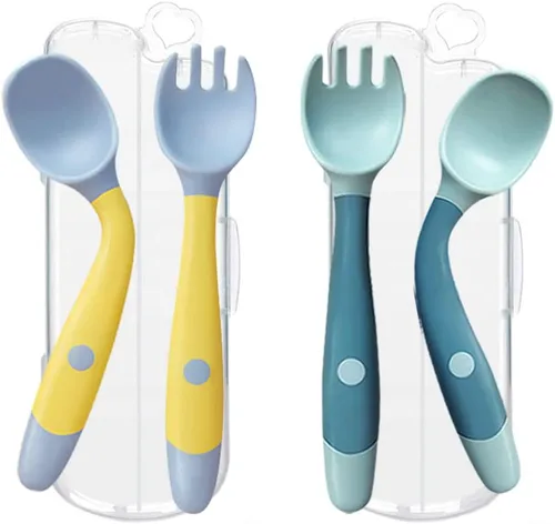 Vista 8 de Utensilios para niños pequeños con estuche de viaje, cuchara y tenedor para el aprendizaje de autoalimentación, cubiertos con mango flexible