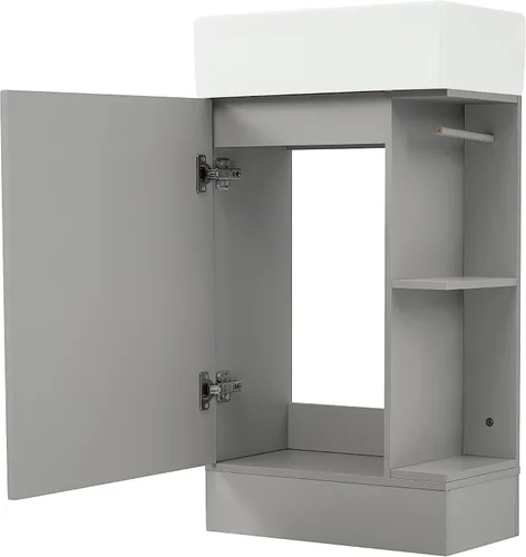 Vista 8 de LUMISOL Tocador de baño pequeño de 18.6 pulgadas con fregadero de cerámica, tocador estrecho con soporte para papel higiénico y puerta de cierre Gris