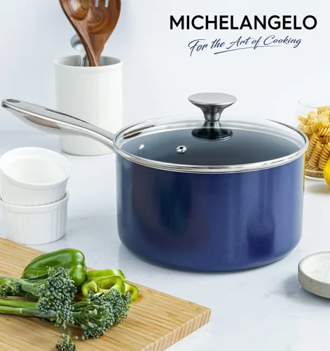 Vista 6 de MICHELANGELO Cacerola de 1 cuarto de galón con tapa, cacerola de salsa de cerámica antiadherente con mango de acero inoxidable, cacerola de 1 cuarto