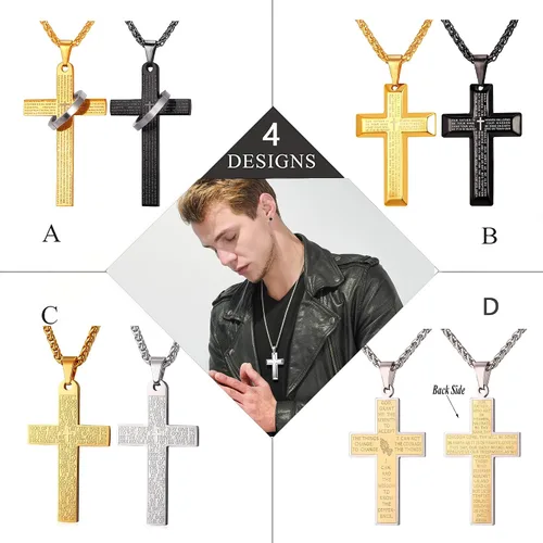 Vista 2 de U7 Simple Cross Necklace for Men Women, Stainless Steel Silver Black Gold Latin Cross Pendant Necklaces, Custom Engravable, Length 22-24 Inches