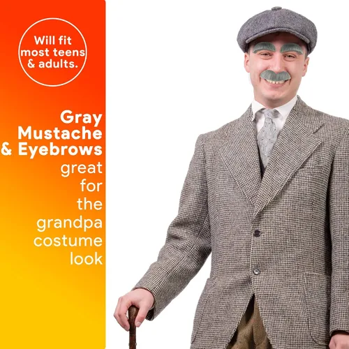 Vista 3 de Skeleteen Juego de cejas y bigote Old Man Bushy Stick On Fake Grey Cejas y Bigote Kit para hombres, mujeres y niños