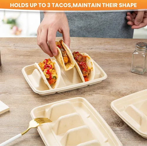 Vista 3 de 25 soportes desechables para tacos para fiestas, platos de taco de fibra de pulpa de bagazo con 3 divisores, soporte para bandeja de tacos
