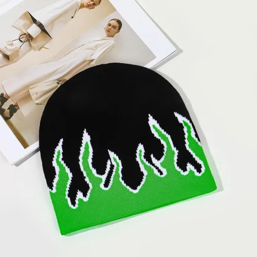 Vista 4 de Gorro de esquí de punto de llama verde, gorra de esquí Slouchy Rock Punk Skull Cap, Verde