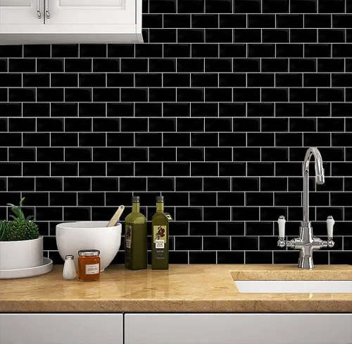 Vista 2 de Azulejos autoadhesivos para salpicaduras en muro de cocina, adhesivo de pared 3D autoadhesivo, azulejos de metro negros en diseño más grueso, 6