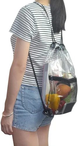 Vista 7 de Bolsa de cordón transparente impermeable con cordón para estadio, Negro (mesh black), M, Viajar