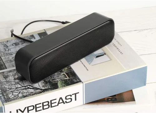 Vista 6 de Altavoz USB para computadora de escritorio, barra de sonido portátil Mini PC altavoz, negro Alimentado por USB, Plug and Play, altavoz portátil