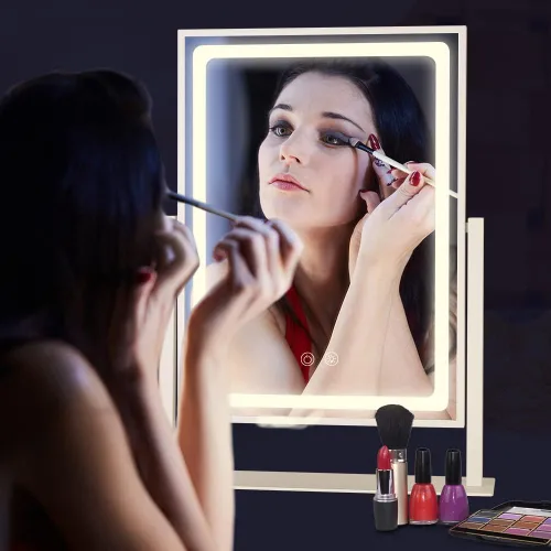Vista 6 de Espejo de tocador con luces – 13.78 x 10.23 pulgadas, espejo de maquillaje iluminado ajustable para escritorio, espejo de aumento desmontable 10X