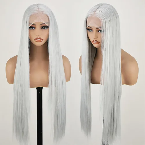 Vista 10 de SOKU 13x6 Peluca de encaje frontal HD transparente de 32" con cabello de bebé sintético pre-depilado resistente al calor de parte libre marrón