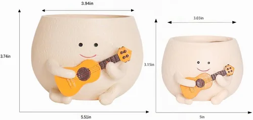 Vista 2 de Maceta con Cara Sonriente con Agujero de Drenaje Lindas Macetas de Cabeza de Resina para Planta de Cuerda de Perlas, Maceta Única de Guitarra