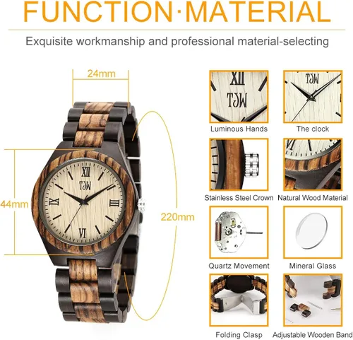 Vista 5 de TJW 6006 - Reloj de pulsera analógico de cuarzo para hombre, de madera, hecho a mano, informal.