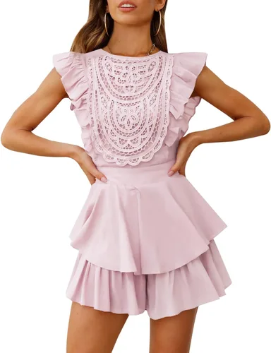 Vista 2 de AIMCOO Enterizo de manga con vuelo y encaje de ganchillo para mujer, vestido con cuello redondo y lazo en la cintura, overoles cortos con volantes