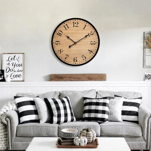 Vista 5 de Reloj de pared rústico para decoración de sala de estar, reloj de pared grande de 24 pulgadas con cara de madera marrón oscuro y marco de metal