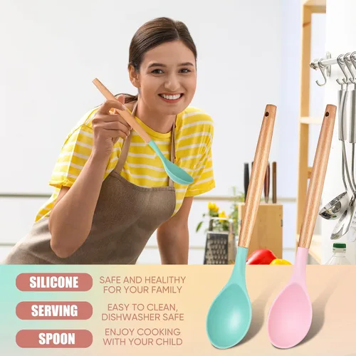 Vista 6 de Patelai 2 cucharas de silicona antiadherentes para mezclar de cocina, cucharas de servir con mango de madera, resistentes al calor, cucharas de Verde