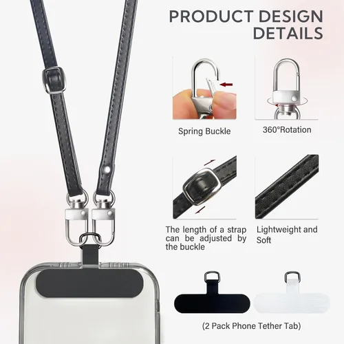 Vista 3 de Correa cruzada para teléfono con 2 almohadillas, cuero y correa de dedo ajustable, compatible con la mayoría de teléfonos inteligentes (negro)