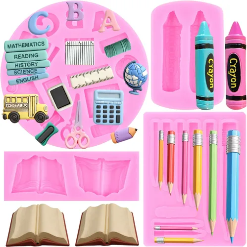 Vista 12 de Mujiang Moldes de silicona para el regreso a clases, bolsa escolar, libro de tijeras, paleta de dibujo, moldes para fondant, para decoración