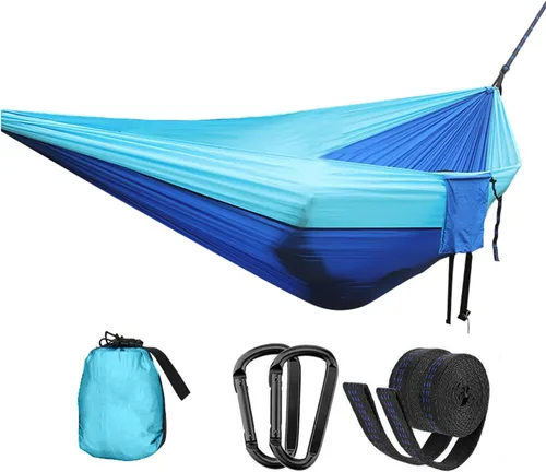 Vista 22 de Hamaca doble ajustable de capacidad de 550 libras con soporte de acero resistente de 10 pies, incluye funda de transporte portátil, fácil de Azul
